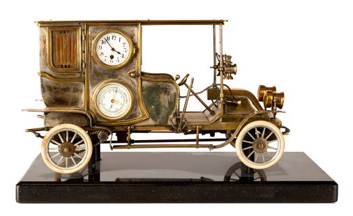 Rare French Guilmet Industrial Automaton Car Clock: Rare French Guilmet Industrial Automaton Car Clock Circa 1907, brass body; folded silk window coverings; automated wheels on steel spoked rims, driven by a chain. On the driver's side door, there is a