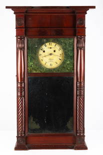 Asa Munger "Ironing Board" Shelf Clock: Asa Munger "Ironing Board" Shelf Clock Auburn, New York, early 19th century. Carved mahogany case, original painted metal dial, original zinc and painted tablet and mirror. 8-day time and strike. Ht.