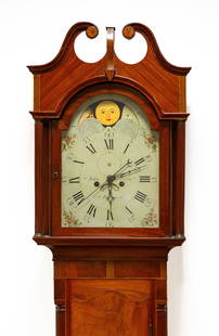 John Parke Tall Case Clock, Paterson, NJ: John Parke Tall Case Clock, Paterson, NJ Early 19th century, satin wood inlaid mahogany case, painted metal dial with moon phase. 8-day time and strike weight driven movement. 8 ft. 3 in.