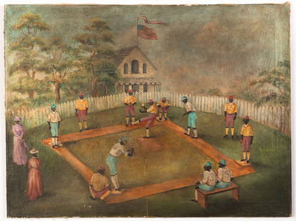 Folk Art Painting of Baseball Game Scene: Folk Art Painting of Baseball Game Scene Oil on canvas. Unsigned. African American baseball scene. 23 3/4 x 31 1/2 in.