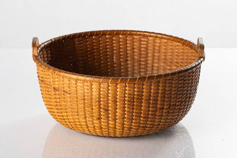 Nantucket Basket with Heart Shaped Handles: Nantucket Basket with Heart Shaped Handles Attributed to A. D. Williams. Ht. 5 in. Dia. 9 3/4 in.