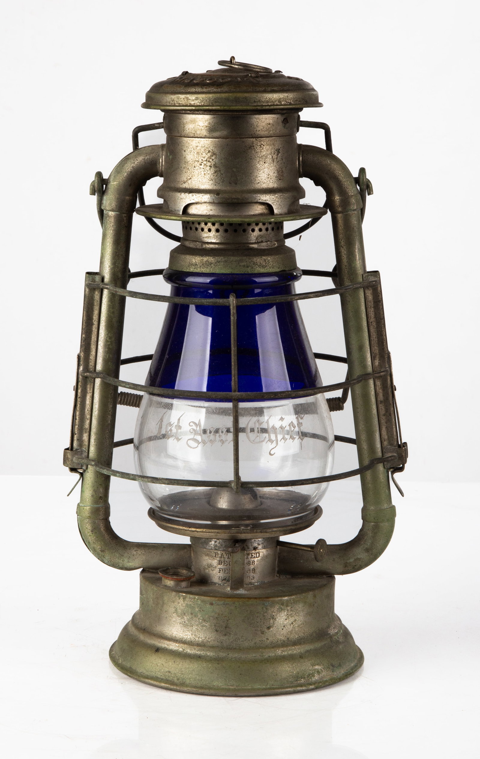 Gleason & Bailey's Mascott Lantern: Gleason & Bailey's Mascott Lantern Metal with colored and clear engraved glass globe. Engraved 1st Asst.Cheif. Max Ht. 18 in. (with handle)