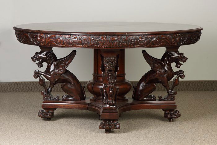 Attr. To R.J. Horner, NY, 12 Pc. Dining Set: Attr. To R.J. Horner, NY, 12 Pc. Dining Set. C. 1900. Dining table with 4 leaves (2 have carved aprons), Ht. 31" W 9' (w/leaves) D 5'. Server, Ht. 46" W 4' 1" D 22". Sideboard (2-pc.), Ht. 5' 10" W 6'