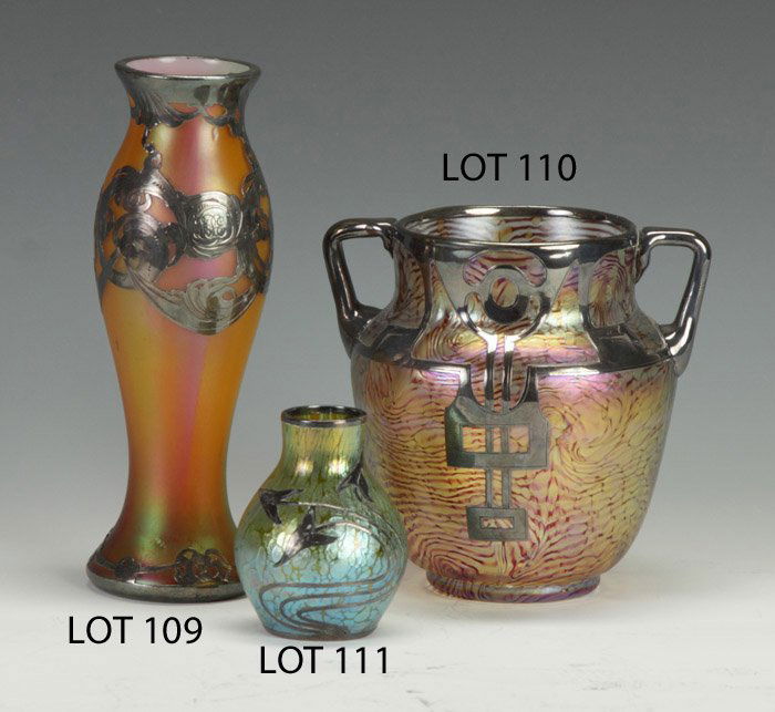 Unsigned Loetz, Austria, Silver Overlay Cabinet Va: Unsigned Loetz, Austria, Silver Overlay Cabinet Vase. Ht. 3". Property from The Strong, sold to benefit the museum's collections fund.