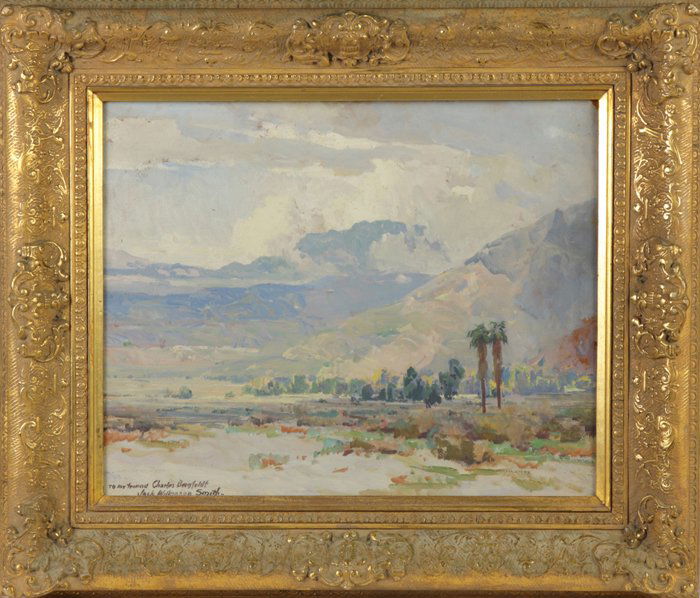 Jack Wilkinson Smith (American, 1873-1949) "Desert: Jack Wilkinson Smith (American, 1873-1949) "Desert Near Palm Springs, Calif.". Sgn. Lower left, "To my friend Charles Bergfeldt, Jack Wilkinson Smith." O/Paper board. Titled on reverse. 16" x 20". Roc