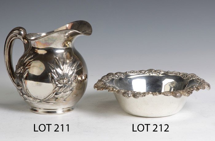 Mauser Mfg. Co., NY, Sterling Silver Water Pitcher: Mauser Mfg. Co., NY, Sterling Silver Water Pitcher. C. 1887-1903. With cat tails & water lilies. 18 ozt. Ht. 7 1/2".