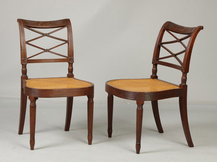 Two Period Duncan Phyfe, NY, Chairs: Two Period Duncan Phyfe, NY, Chairs. Laurel splats, fluted legs and seat. Ht. 31" W 19 1/2" D 17" & Ht. 31" W 18" D 16". Property of the Memorial Art Galery of the University of Rochestser, sold to be