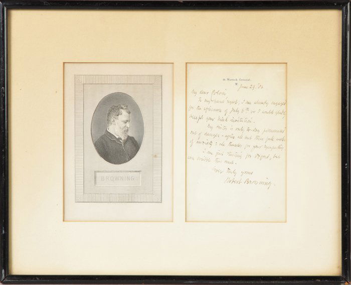 Sgn. Robert Browning Letter: Sgn. Robert Browning Letter. On letterhead, 19. Warwick Crescent, W. Dated June 29, '86. Addressed to "My Dear Calvin", declining an invitation and thanking the addressee for inquiring about his siste