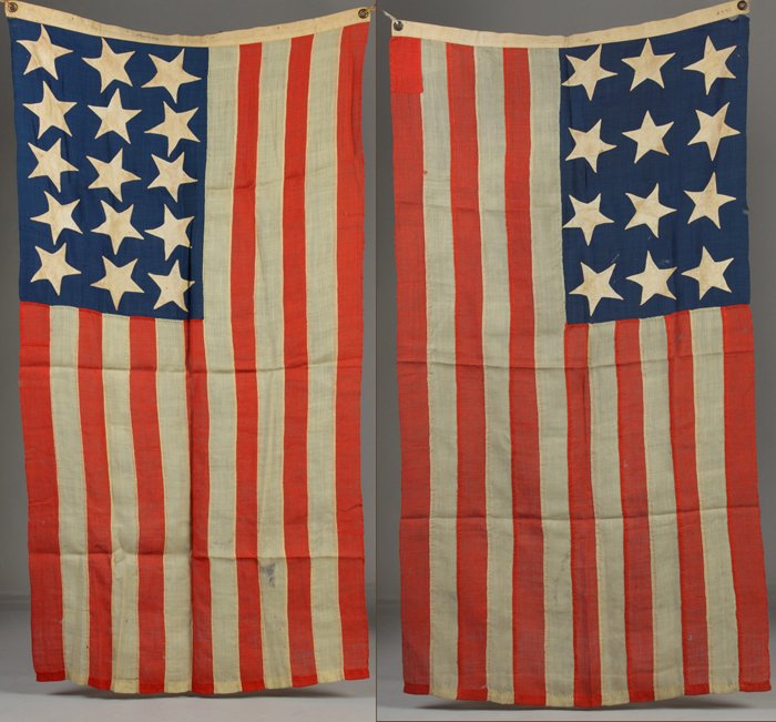 Two U.S. Navy Flags: Two U.S. Navy Flags. Mid 19th cent. 12 & 15 stars. Hand stitched, applied stars, brass grommets. Back of the header is marked in pencil "Hatehway" & marked in pen "Lawrence". 12 stars: 32" x 60". 15 s