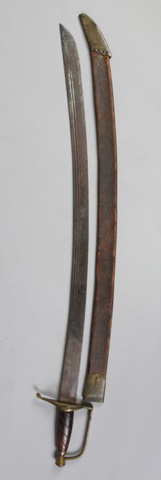 18th Cent. Revolutionary War Sabre: 18th Cent. Revolutionary War Sabre. With original leather scabbard, brass hilt. Overall L 39"; Blade L 33". Descended in the family of Robert Graham (1747-1794) of Spencer, MA, who was a Corporal in C