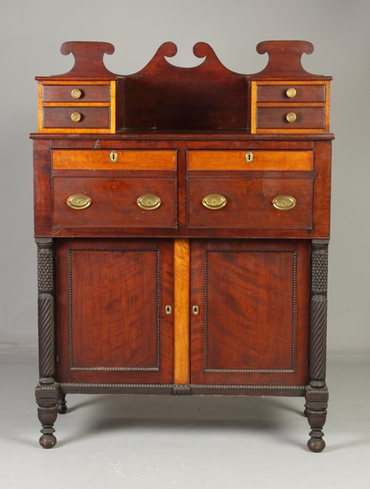 Early Country Sheraton Side Cabinet: Early Country Sheraton Side Cabinet. Flame cherry & bird's eye maple. Ht. 5' 4" W 45 1/2" D 22".