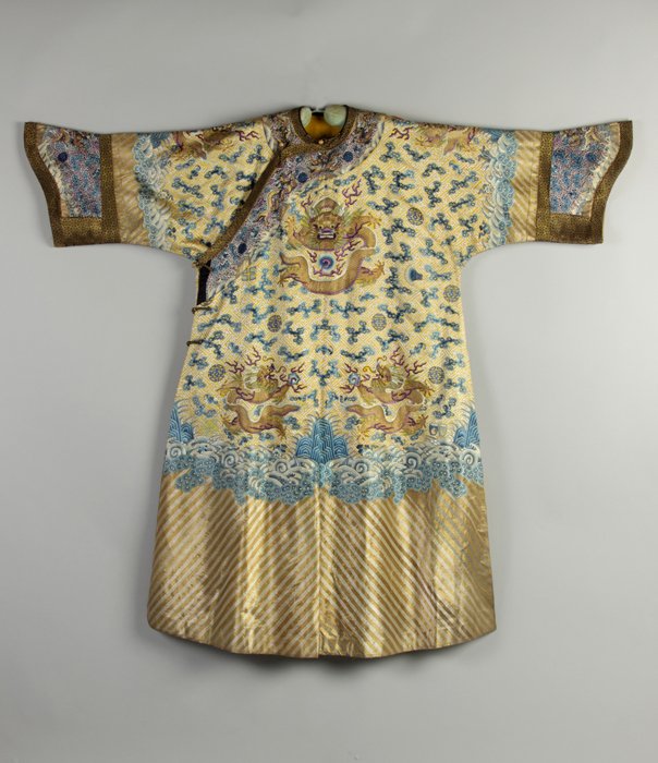 Fine Chinese Imperial Silk Court Robe: Fine Chinese Imperial Silk Court Robe. Late Qing period. Satin stitch on a gold ground with ascending 5-toe dragons among clouds and bats . Cuffs, collar & sleeves decorated with additional dragons. L