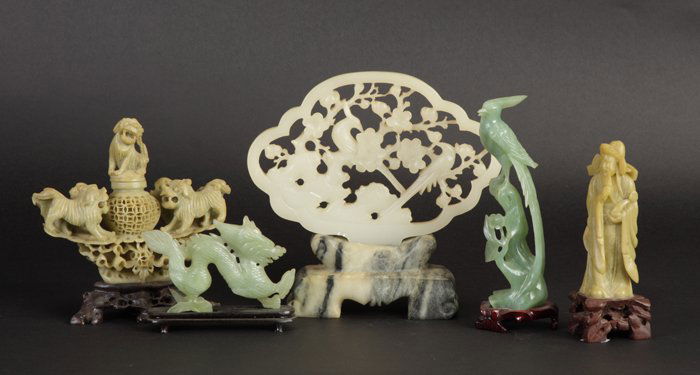 Group of 5 Asian Jade & Alabaster Carvings: Group of 5 Asian Jade & Alabaster Carvings. Max. Ht. 8".