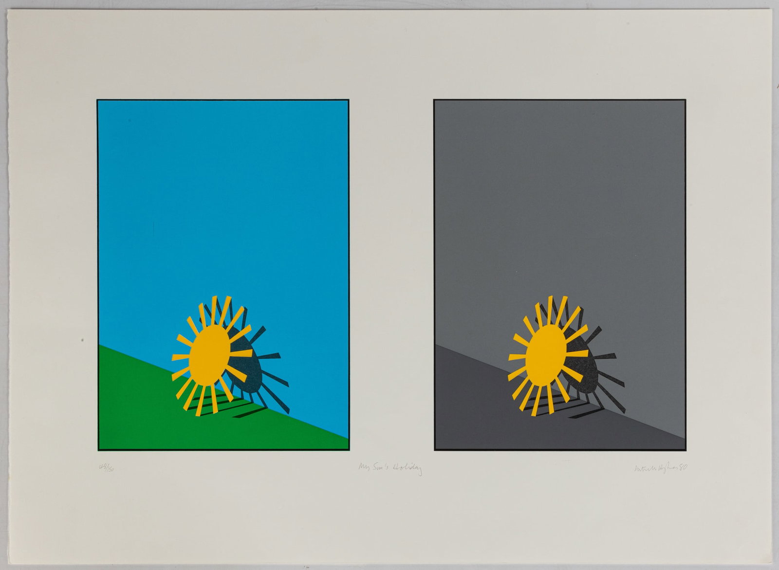 (3) Color Screenprints by Patrick Hughes (British, b. 1939): (3) Color Screenprints by Patrick Hughes (British, b. 1939)"My Sun's Holiday" - Pencil signed 'Patrick Hughes' (lower right), dated '1980', and numbered '48/150'."Rainbows on a Train" - Pencil signed