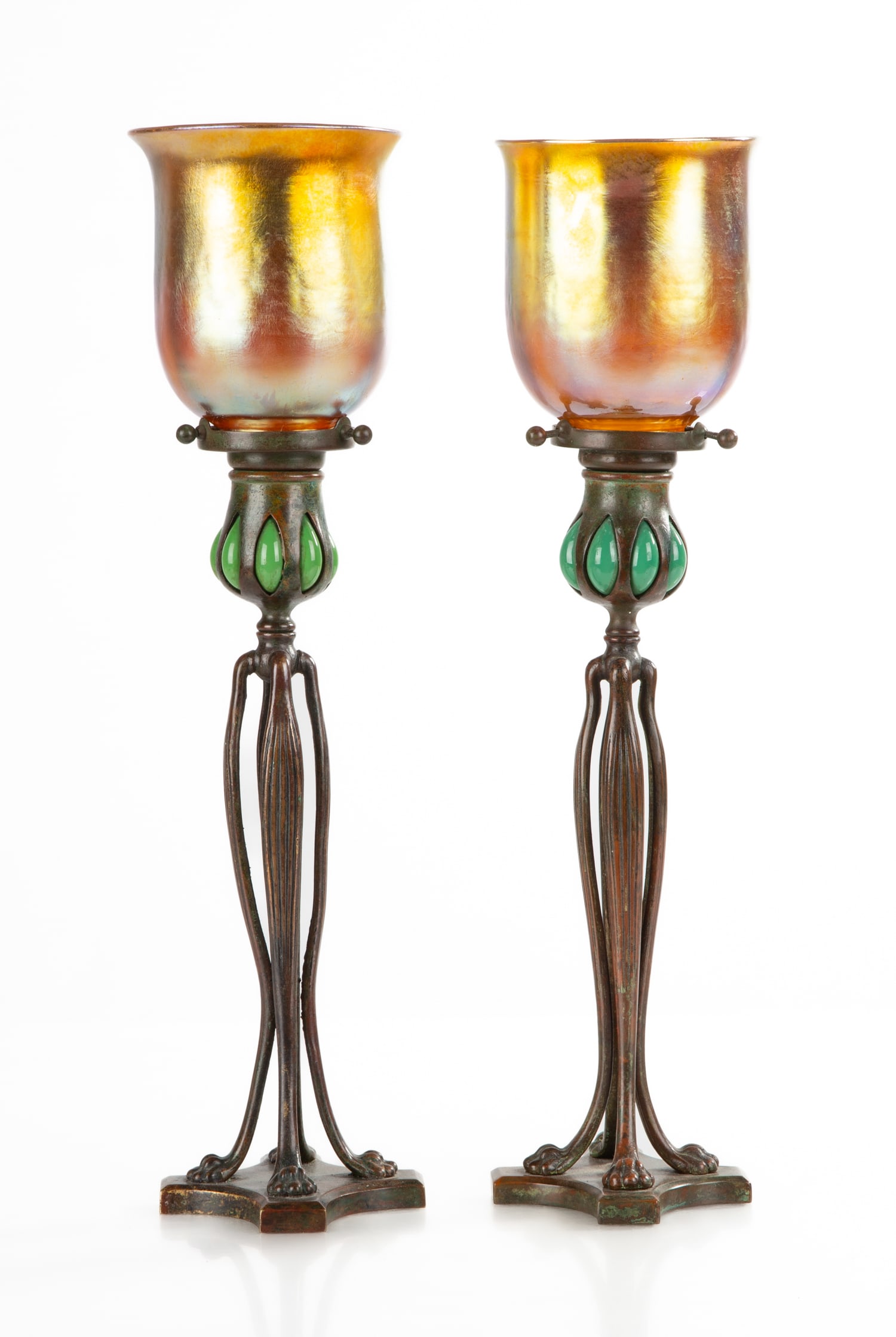 Two Tiffany Studios Blown-Out Cat's Paw Candlesticks with Favrile Shades (1 of 8)