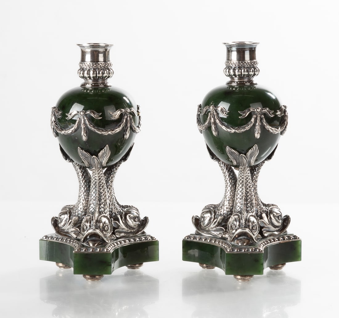 Fabergé Nephrite Jade and Silver Candlesticks (1 of 10)