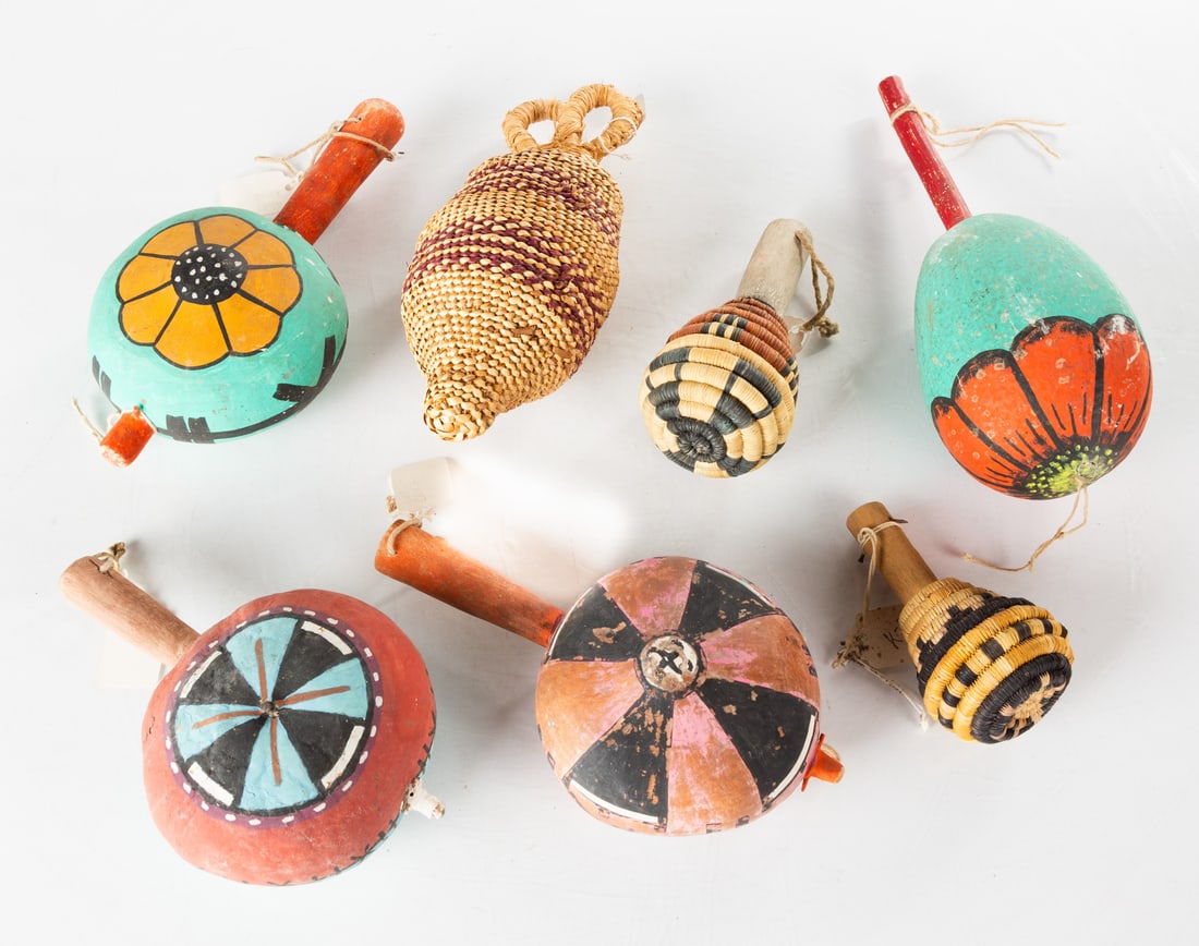 Group of Hopi Rattles: Group of Hopi Rattles Including painted gourd and basket rattles. Max L. 11 1/2 in. Provenance A Private Boston, Massachusetts collection.