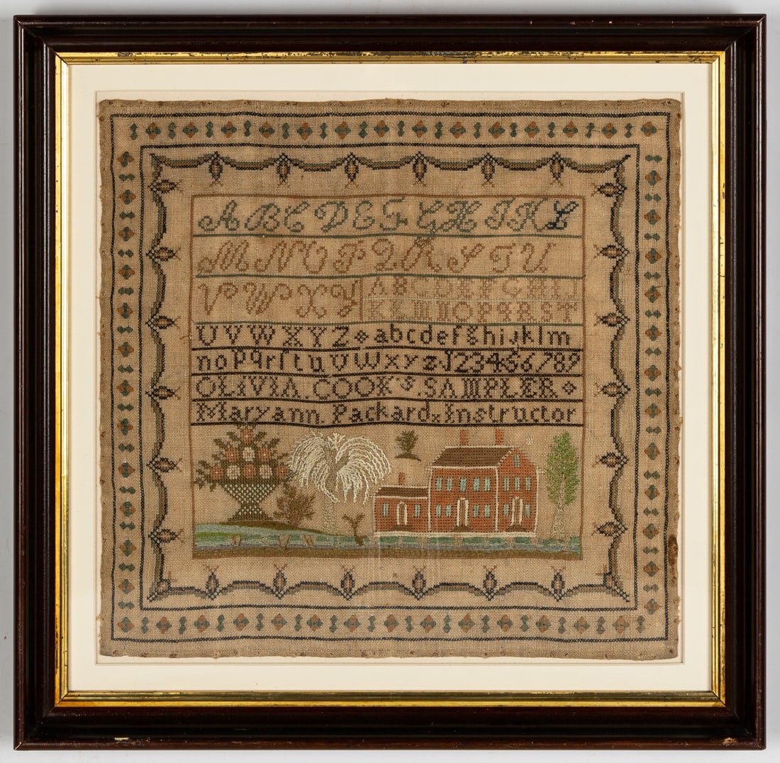 Olivia Cook's Sampler, Instructor Maryann Packard: Olivia Cook's Sampler, Instructor Maryann Packard Early 19th century. 17 x 17 1/2 in. Provenance Property of The Strong, sold to benefit the Museum's collections fund.