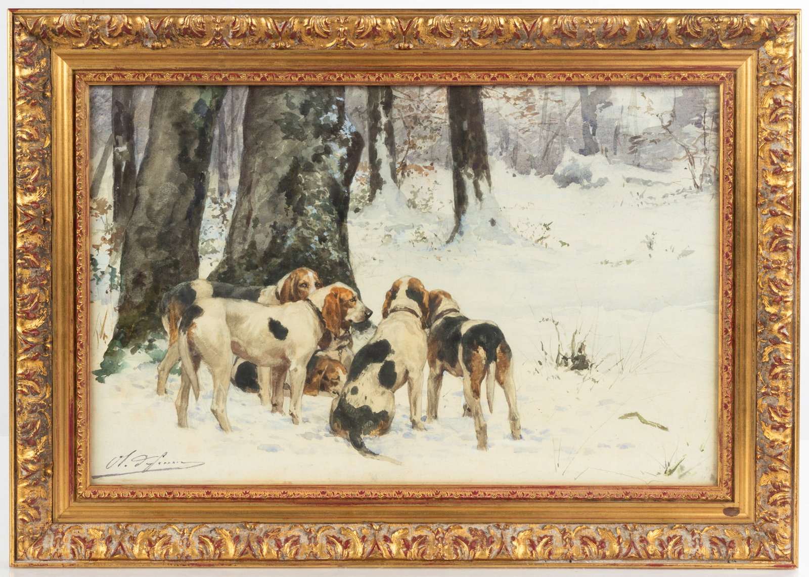 Olivier de Penne (French, 1831-1897) Hounds in Snow (1 of 3)