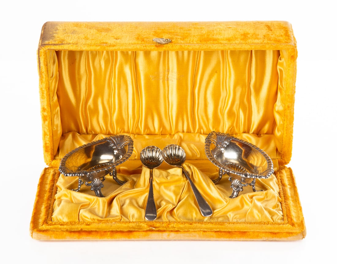 Cased Master Salts: Cased Master Salts Gorham, retailed by Howard & Co., 5th Ave, New York. Weight: 5 troy ounces. Case: 2 1/2 x 10 x 6 in. Property of The Strong, sold to benefit the Museum's collections fund.