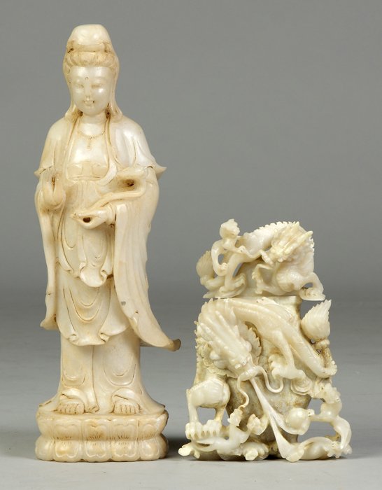 2 Jade Items: 2 Jade Items. Jade figure w/scepter, some cracks, Ht. 16 1/2"; Jade covered vessel w/dragons, some chips & cracks, Ht. 9" .