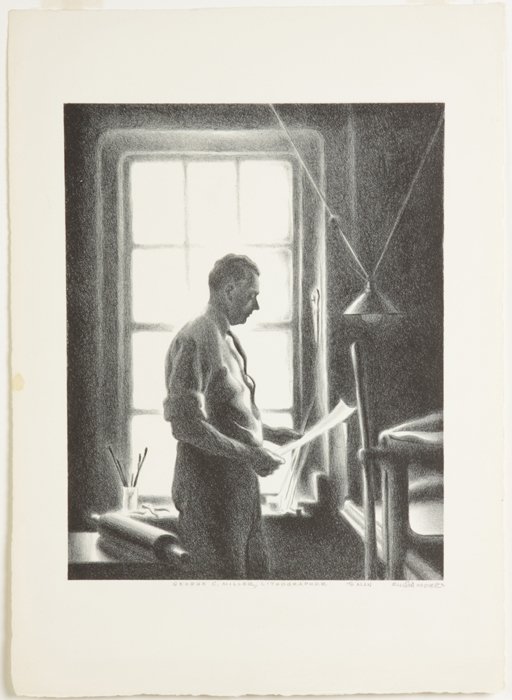Ellison Hoover (188-1955) "George C. Miller Lithog: Ellison Hoover (188-1955) "George C. Miller Lithographer". Lithograph. "To Allan". 15 15/16" x 11 1/2".Property of the Memorial Art Gallery of the University of Rochester, sold to benefit the Gallery