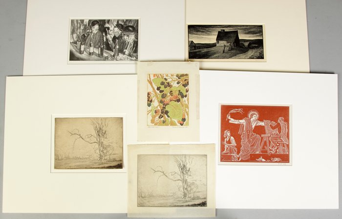 Group of 6 Etchings, Engravings, etc.: Group of 6 Etchings, Engravings, etc.. Two Hugh Botts (1903-1964) "Fading Majesty" Etching, 8 3/8" x10" & 6" x 8"2-1967); William S. Gisch (1906-1989) "In a French Café (2nd stone)", litho., 10" x 11