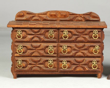Tramp Art 6-Drawer Unit: Tramp Art 6-Drawer Unit. Brass hardware. Ht. 15" W 22" D 7".