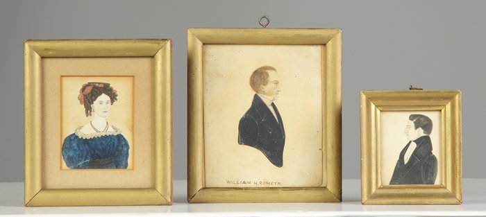 Three Early Watercolors on Paper: Three Early Watercolors on Paper. 1. Rebecca Atwood Austin Ayers, B. 1800, by Moses B. Russell, 3 3/4" x 3 1/2". 2. William H. Romeyn, scattered foxing, 6" x 5 1/4". 3. Silhouette, 3 1/4" x 2 3/4". .