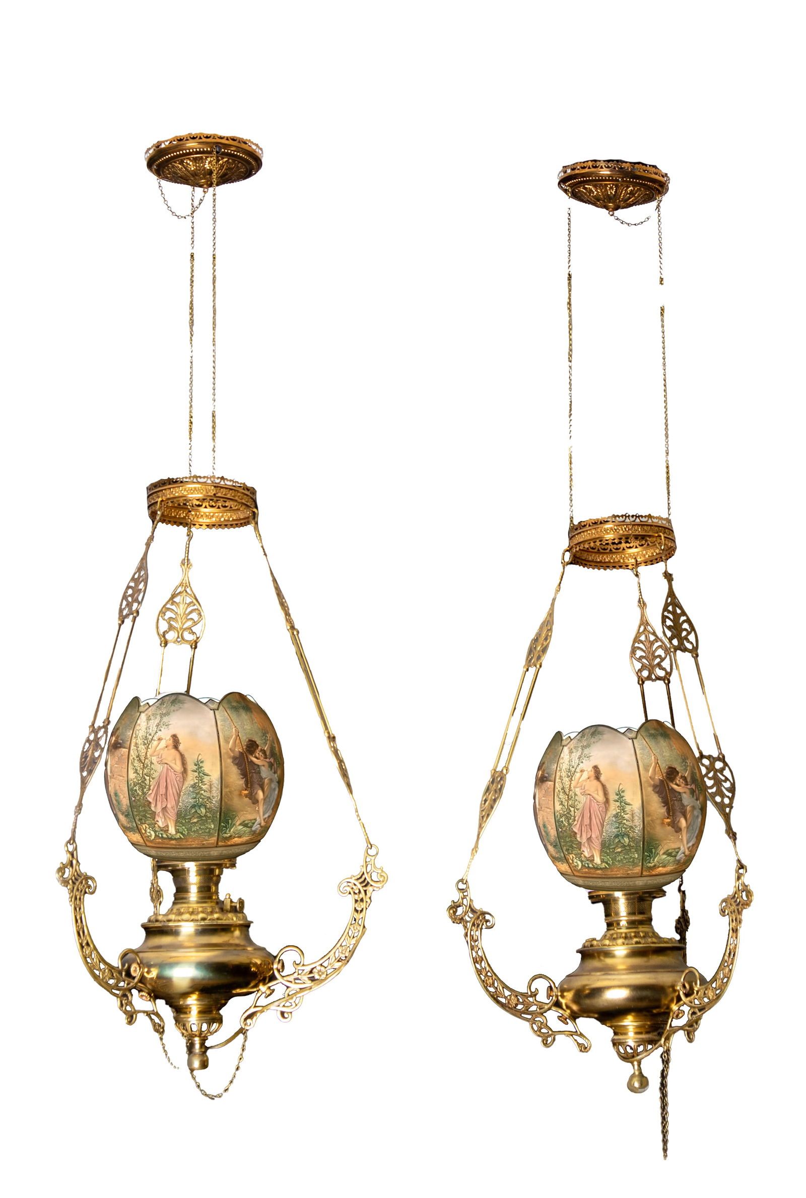 Pair of Brass and Lithophane Hanging Library Lamps (1 of 11)