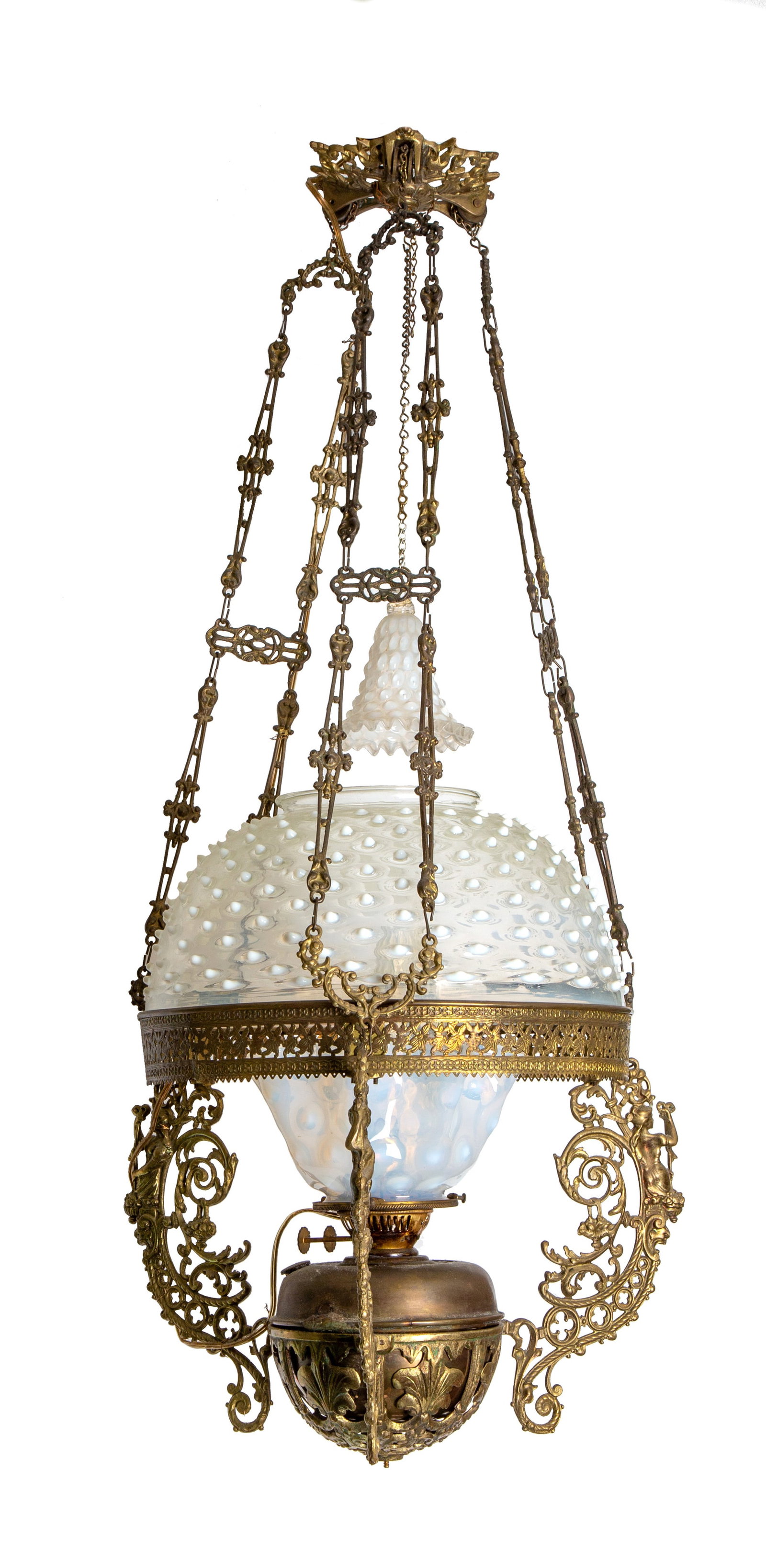 Brass & White Opalescent Hobnail Glass Hanging Library Lamp (1 of 2)