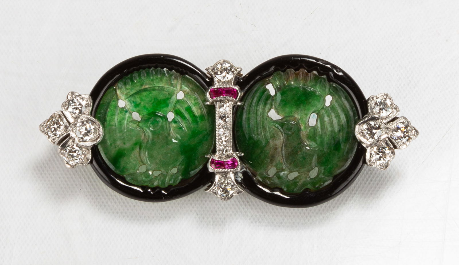 Antique Brooch with Pair of Jadeite Carvings within Black Onyx Frames (1 of 5)