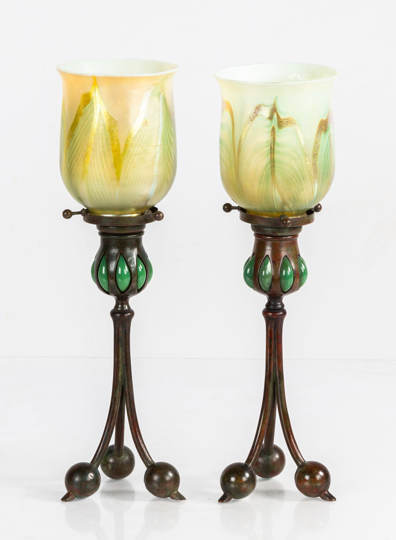 Pair of Tiffany Studios Blown-Out Candlesticks with Favrile Shades (1 of 3)