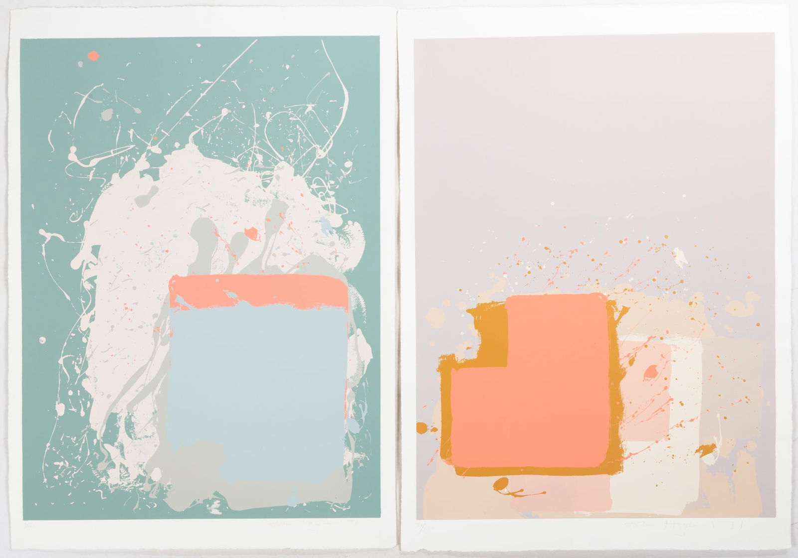 Two John Hoyland (British, 1934-2011) Works: Two John Hoyland (British, 1934-2011) Works Screenprints, pencil signed and numbered. "The New York Suite: Grey/Blue on Green" - 1971. Edition '2/100'. 40 1/2 x 28 in. "The New York Suite: Red Block o
