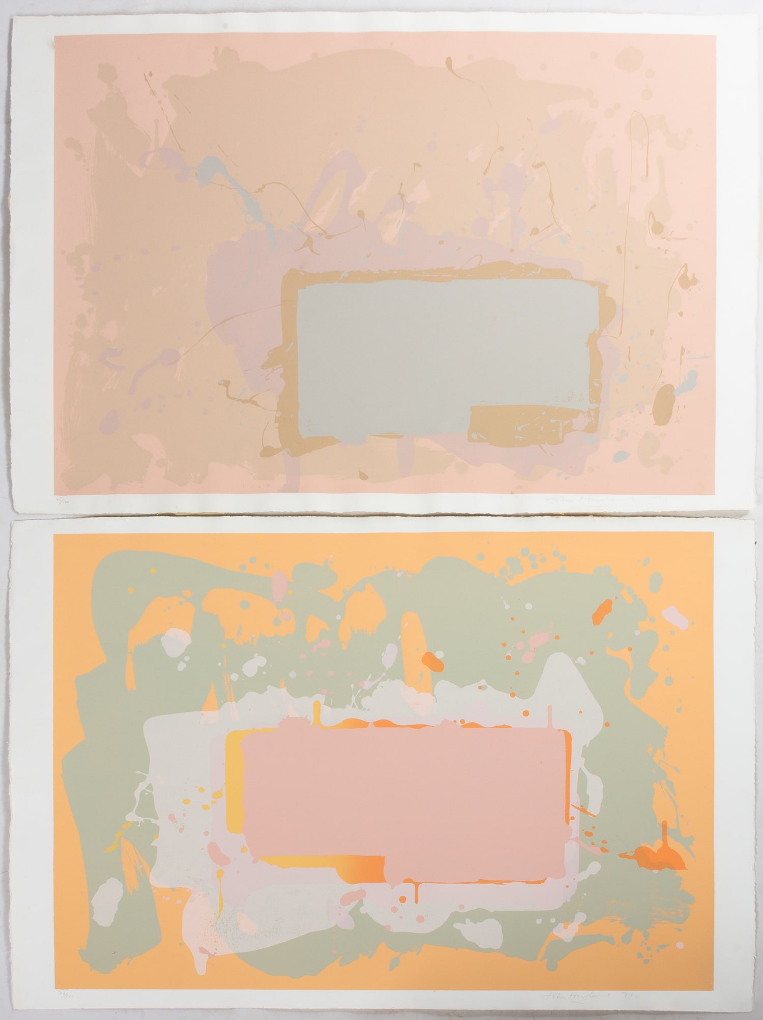 Two John Hoyland (British, 1934-2011) Works: Two John Hoyland (British, 1934-2011) Works Screenprints, pencil signed and numbered. "The New York Suite: Grey/Blue on Pink" - 1971. Edition '45/100'. 28 1/4 x 40 1/2 in. "Orange, Pink, Green, 1971"