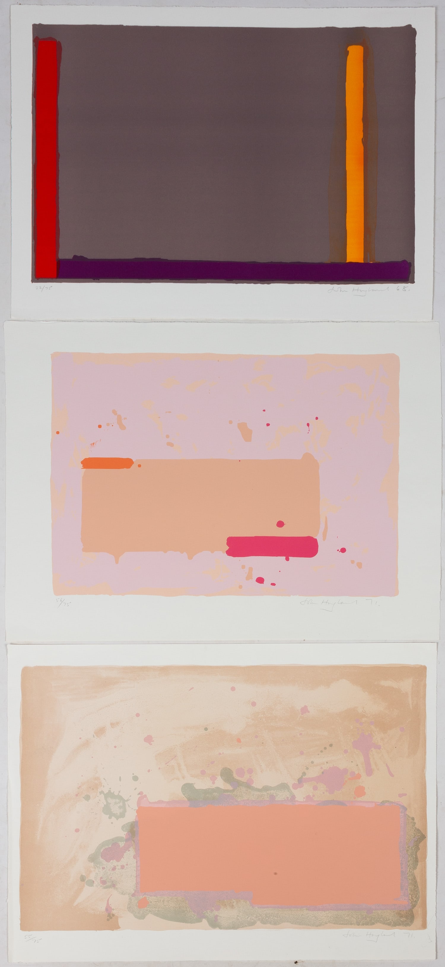 Three John Hoyland (British, 1934-2011) Works: Three John Hoyland (British, 1934-2011) Works All pencil signed and numbered. "Small Grey Swiss" - 1968, lithograph. Edition '22/75'. 22 x 29 3/4 in. "Orange-Pink" - 1971, screenprint. Edition '56/75'
