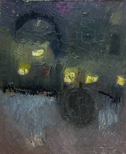 Merton D. Simpson (American, 1928-2013) "City in Yellow Light": Merton D. Simpson (American, 1928-2013) "City in Yellow Light" Signed on reverse, '57. Oil on canvas. 34" x 28" Deaccessioned property from a private New York State institution.