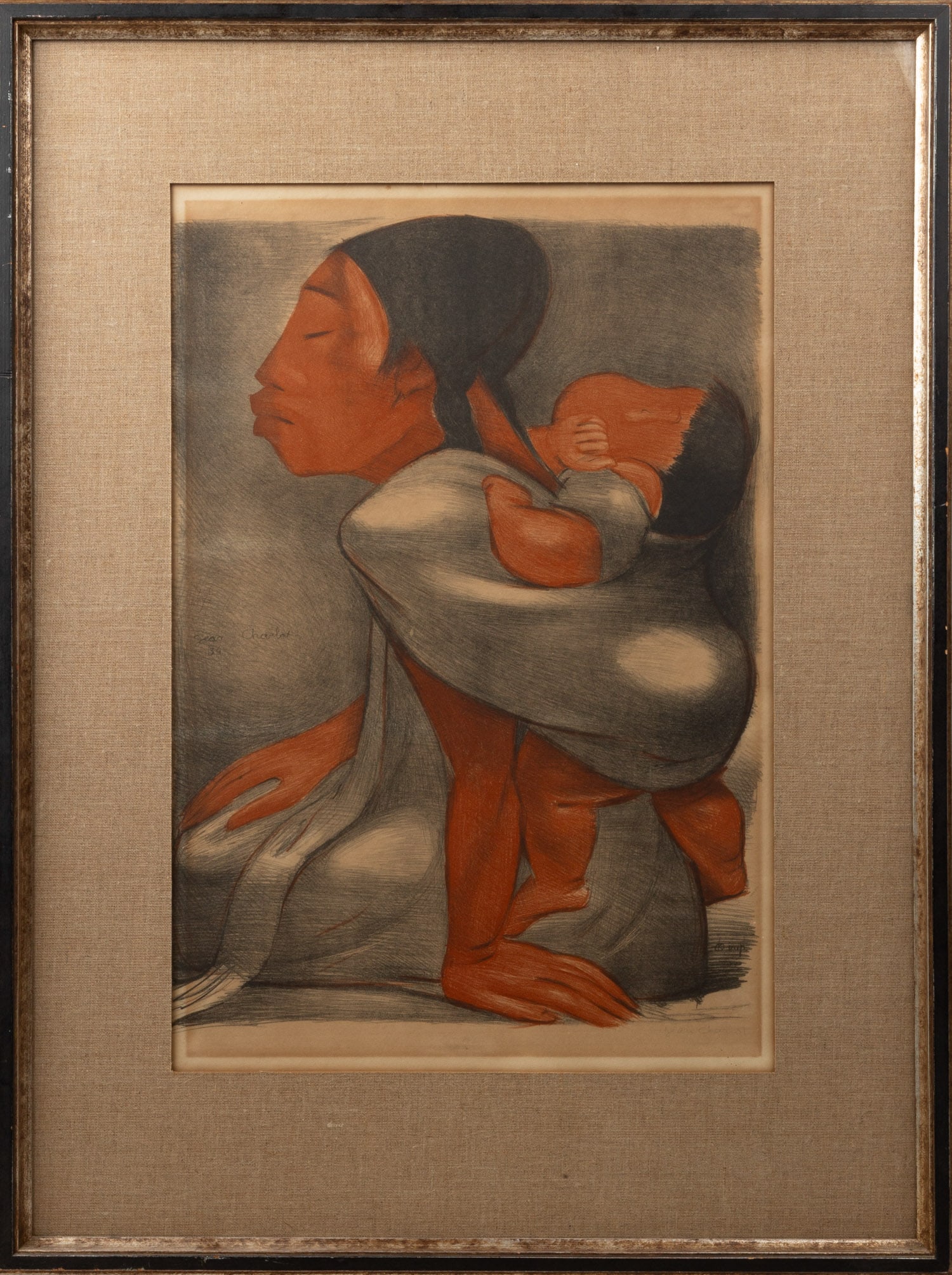 Jean Charlot (1898-1979) "Mother Carrying Child on Her Back": Jean Charlot (1898-1979) "Mother Carrying Child on Her Back" 1934. Lithograph in colors on paper. Signed in plate and hand signed. Sight: 27 1/2 in. x 19 in.