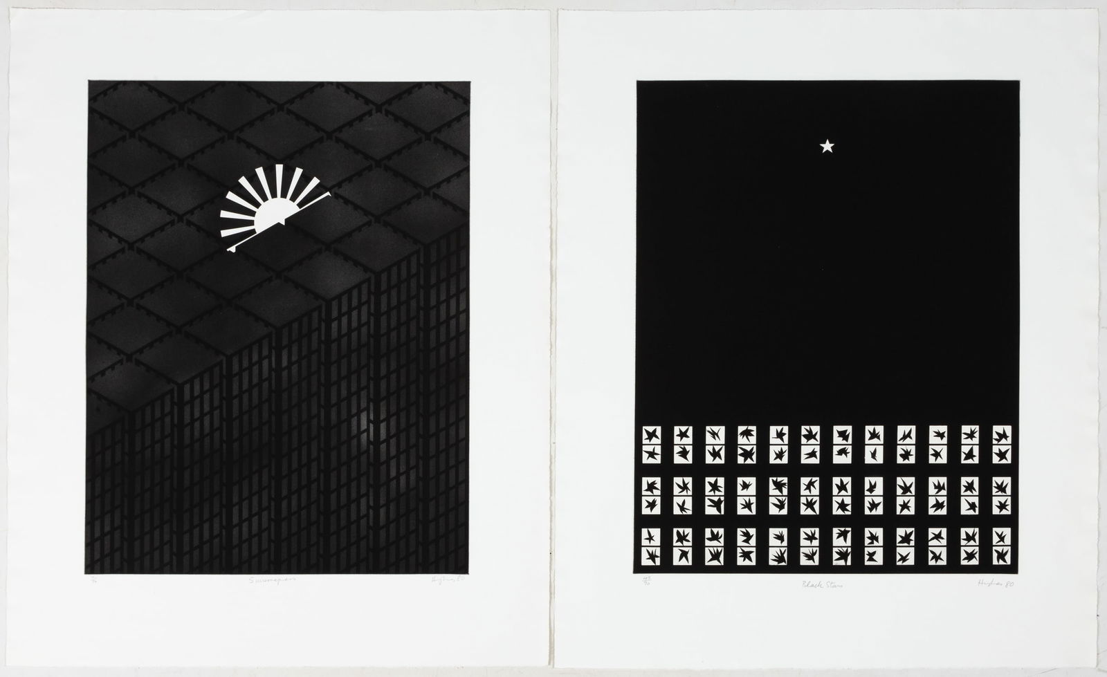 Patrick Hughes (British, b. 1939) "Sunscrapers" & "Black Stars": Patrick Hughes (British, b. 1939) "Sunscrapers" & "Black Stars" 1980. Aquatints. "Sunscrapers" - Edition '3/90'. "Black Stars" - Edition '70/90'. 36 x 29 1/4 in. (each) Property of The Everson Museum,
