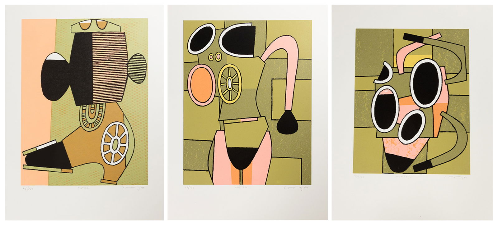 (5) David Storey (American, b. 1948) "Tintick", "Whister" & "Mumptic": (5) David Storey (American, b. 1948) "Tintick", "Whister" & "Mumptic" Serigraph, Signed and numbered in pencil. Two "Tintik" and two "Whister"; one "Mumptic"; 21 x 16 in. 23 x 17 in. Deaccessioned pro