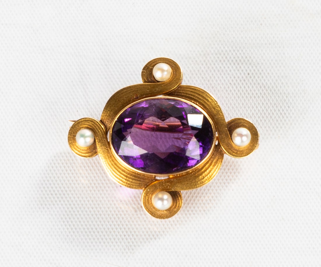 Art Nouveau Whiteside & Blank 14K Gold, Amethyst & Pearl Brooch (1 of 2)