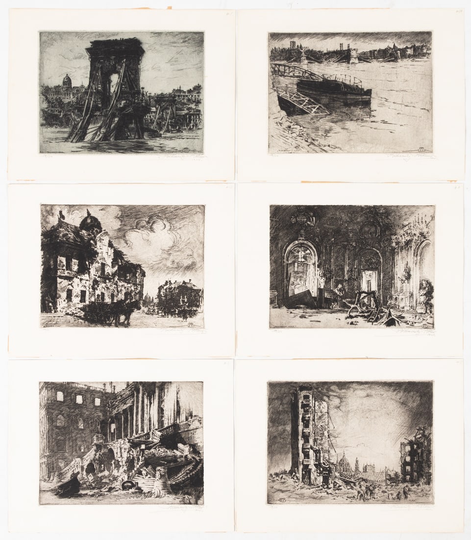 Aladar Rimaszeki-Richter (Hungarian, 1898-1950) 18 Etchings of Budapest, 1945: Aladar Rimaszeki-Richter (Hungarian, 1898-1950) 18 Etchings of Budapest, 1945 Richter Aladar of Rimaszeki. All signed and dated. Max 20 x 16 in. Property of The Everson Museum, sold to benefit the mus