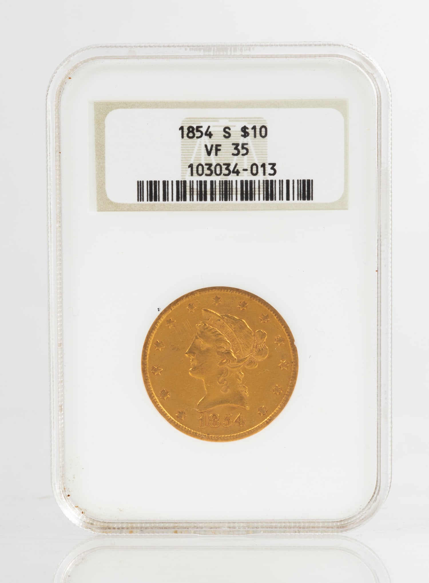 1854 Liberty Head $10 Gold Coin: 1854 Liberty Head $10 Gold Coin Purchase Note: New customers purchasing silver, gold, or jewelry are required to make payment by wire or check unless previously discussed with Cottone's. Dia. 26.8 mm