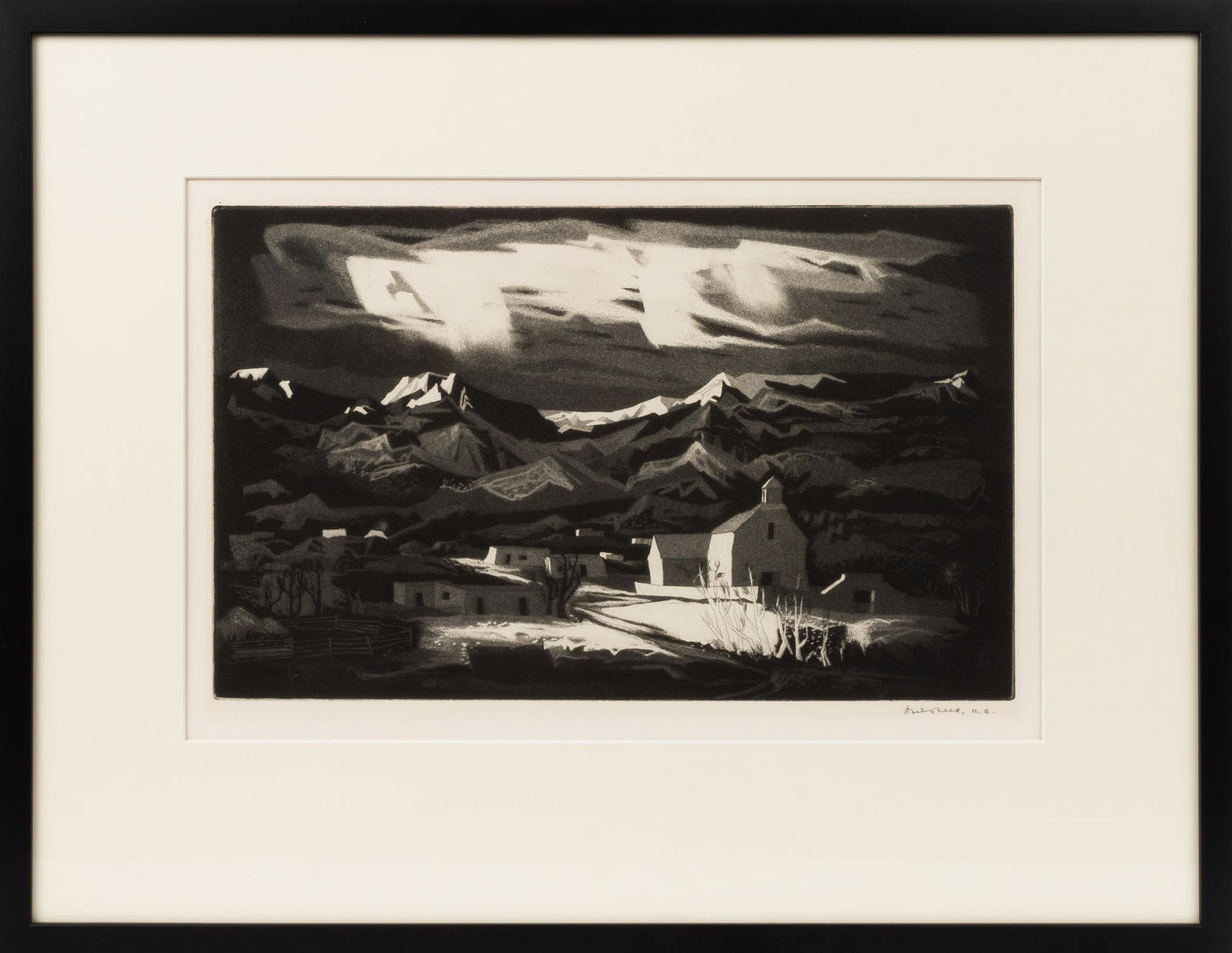 Doel Reed (American, 1894-1985) "Picuris Peublo Winter, 1954": Doel Reed (American, 1894-1985) "Picuris Peublo Winter, 1954" Etching and aquatint. Edition of 150. Pencil signed (lower right). 9 3/4 x 16 in.