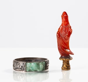 Chinese Jade & Silver Bangle with Carved Immortal Statuette of Guanyin