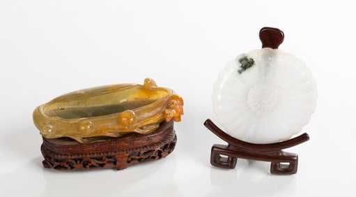 Chinese Jade Gourd Brush Pot & Lotus Form Dish