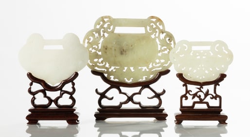 Three Chinese Jade Inscribed Lock-Form Plaques