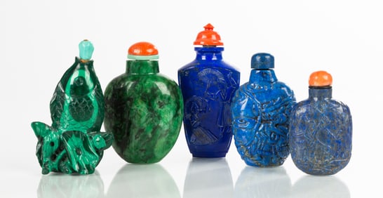 Five Lapis Lazuli & Malachite Snuff Bottles