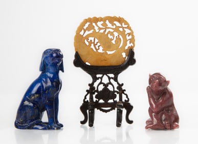 Chinese Lapis Lazuli, Pink Rhodonite, & Jade Animal Carvings
