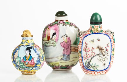 Three Porcelain & Enameled Snuff Bottles